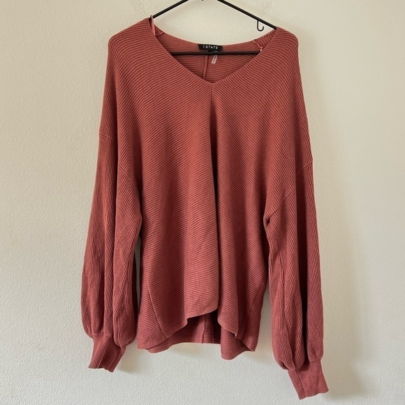 1. State Bubble Balloon Sleeve Ribbed V-Neck Terra Earth Sweater XL - Picture 2 of 16